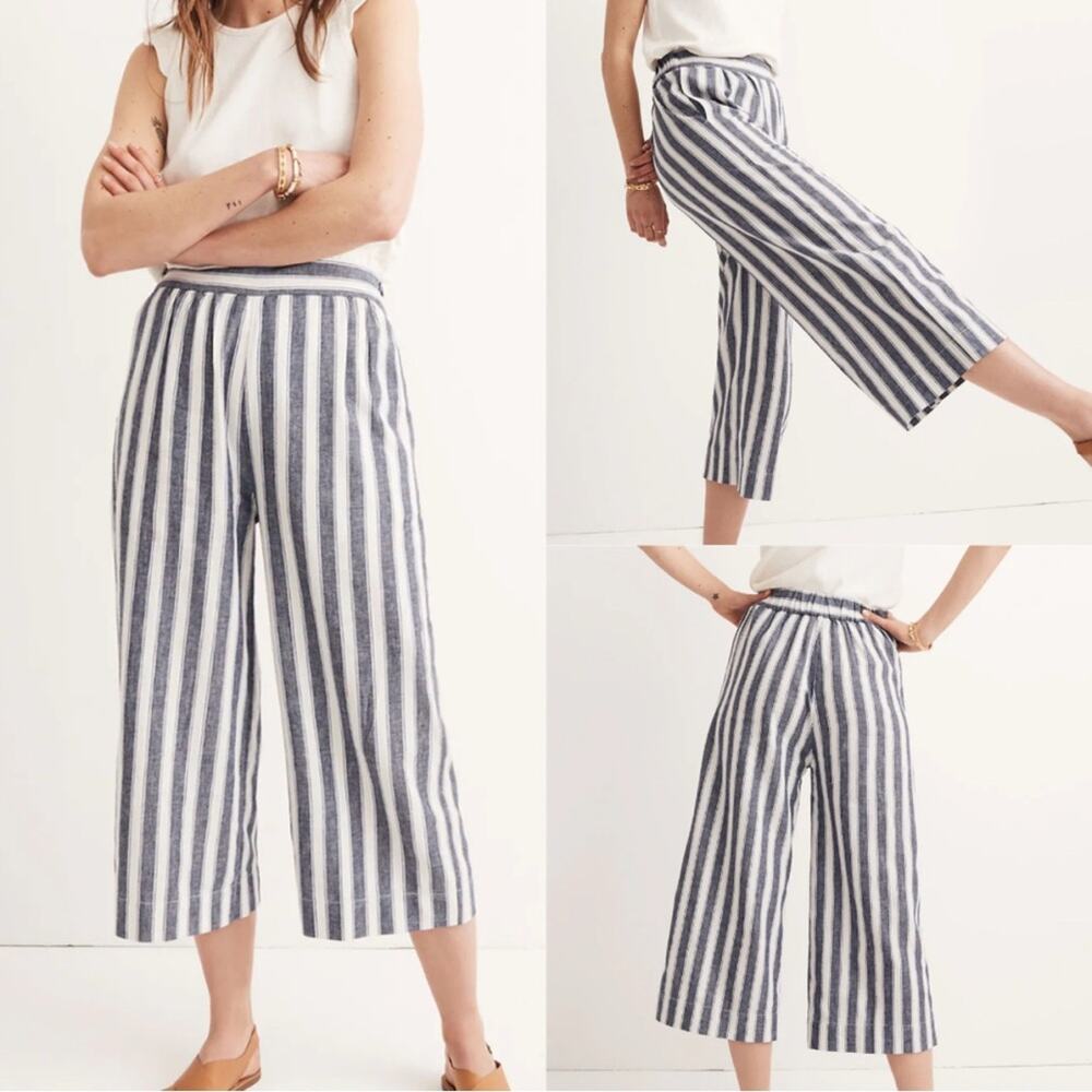 MADEWELL Pants Woman's XXS Huston Pull-On Crops in Stripe Transatlantic blue